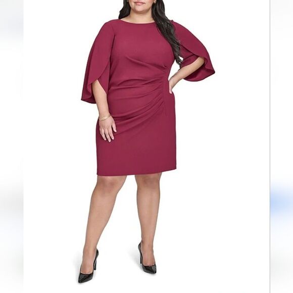 DKNY Plus Size Solid Knit Boat Neck Tulip Sleeves Burgundy Ruched Dress Size 22w - Picture 1 of 14